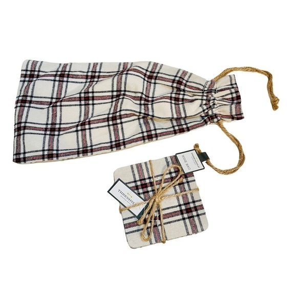 Threshold Plaid Holiday Christmas Fabric Drawstring Wine Bag and four Coasters - Picture 1 of 13